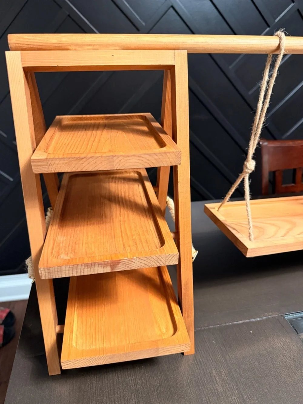 Wooden Tiered Dessert Display Stand with Hanging Center Tray - Natural